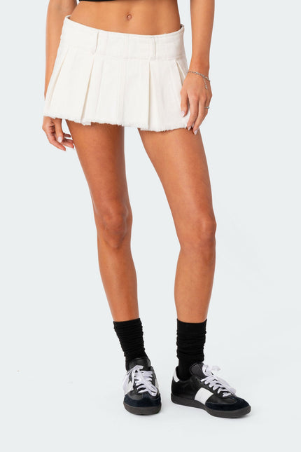 Washed Denim Pleated Micro Skort - White