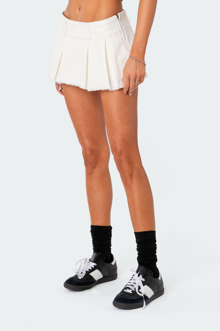 Washed Denim Pleated Micro Skort - White