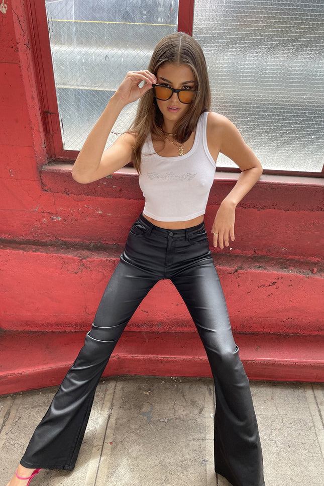 Luna Faux Leather Mid Rise Flared Jeans - Black
