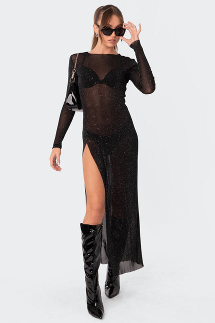 Glitter Mesh Slitted Maxi Dress - Black