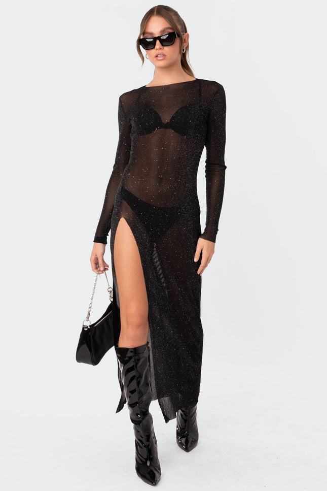 Glitter Mesh Slitted Maxi Dress - Black
