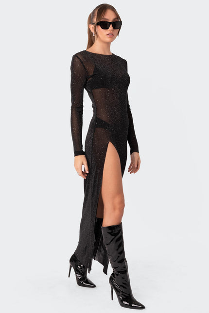 Glitter Mesh Slitted Maxi Dress - Black