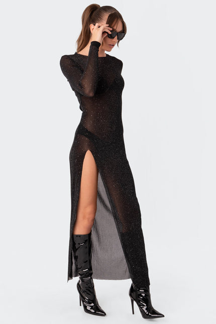 Glitter Mesh Slitted Maxi Dress - Black