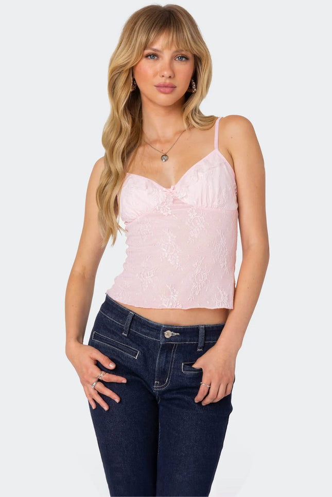 Angelina Sheer Lace Tank Top - Pink