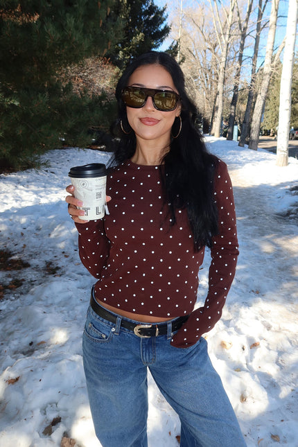 Daliya Polka Dot Long Sleeve Top - Brown