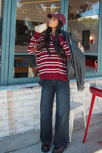 Rilynn Striped Polo Sweater - Burgundy And White
