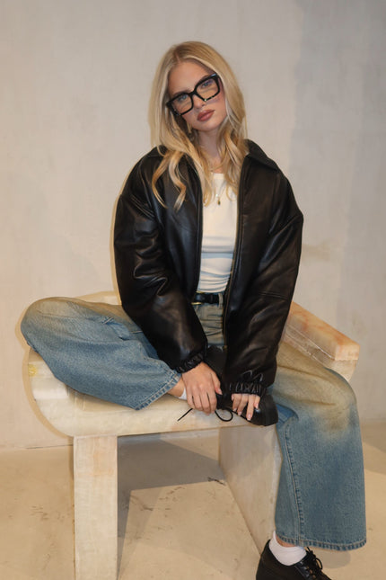 Halley Faux Leather Bomber Jacket - Black