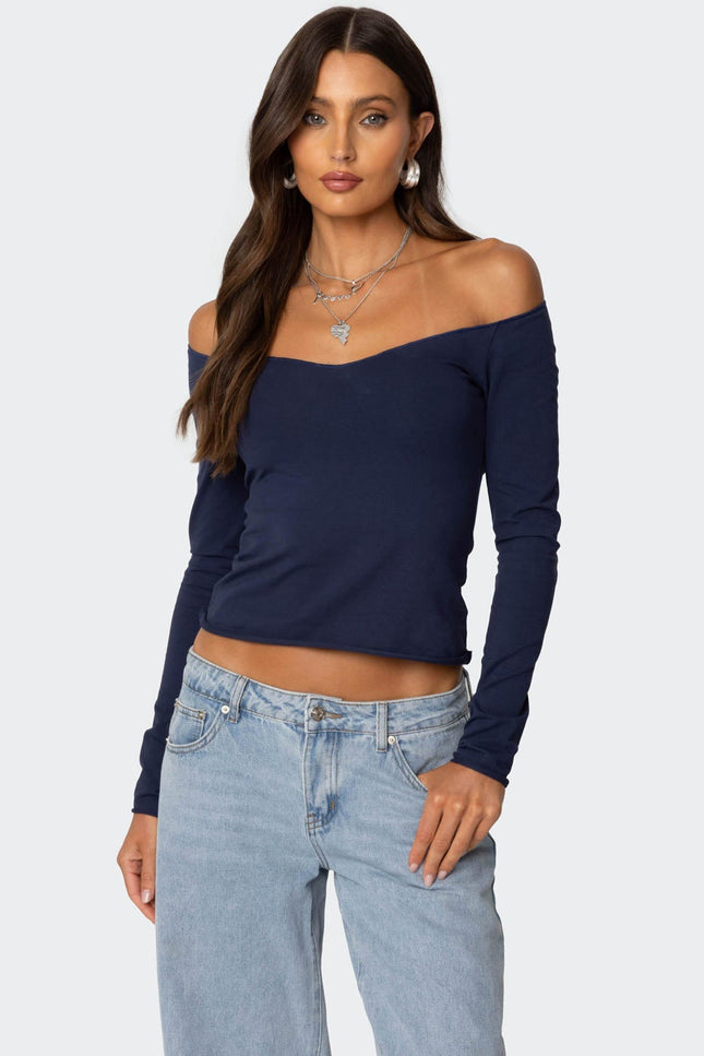 Nattie Off Shoulder V Neck Top - Navy