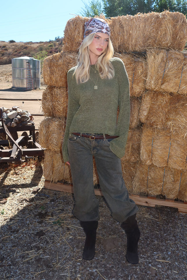 Drop Shoulder Light Knit Sweater - Olive