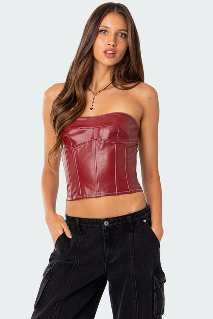 Moss Faux Leather Lace Up Corset - Burgundy