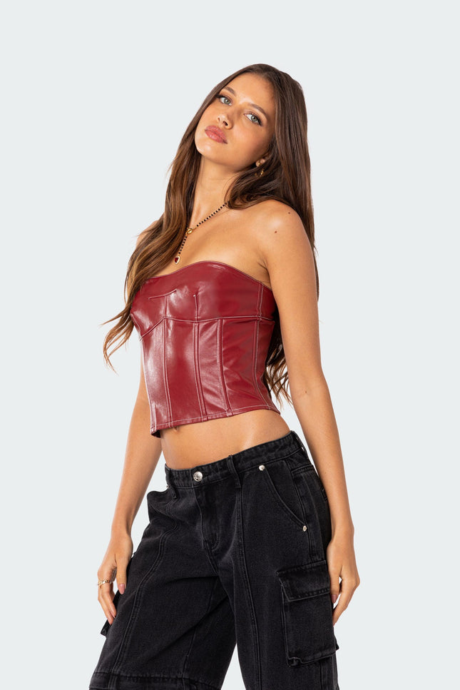 Moss Faux Leather Lace Up Corset - Burgundy