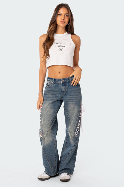 Ribbon Lace Up Low Rise Baggy Jeans - Blue