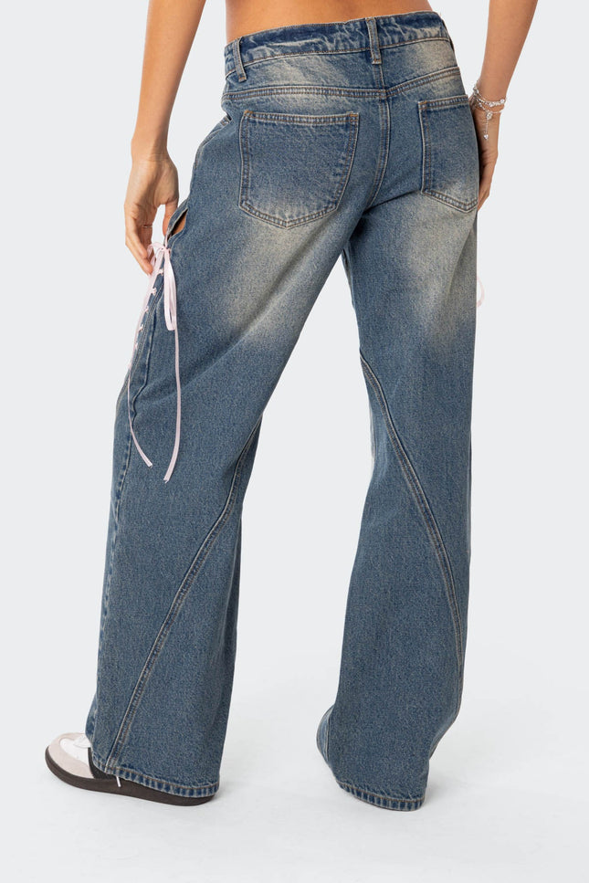 Ribbon Lace Up Low Rise Baggy Jeans - Blue