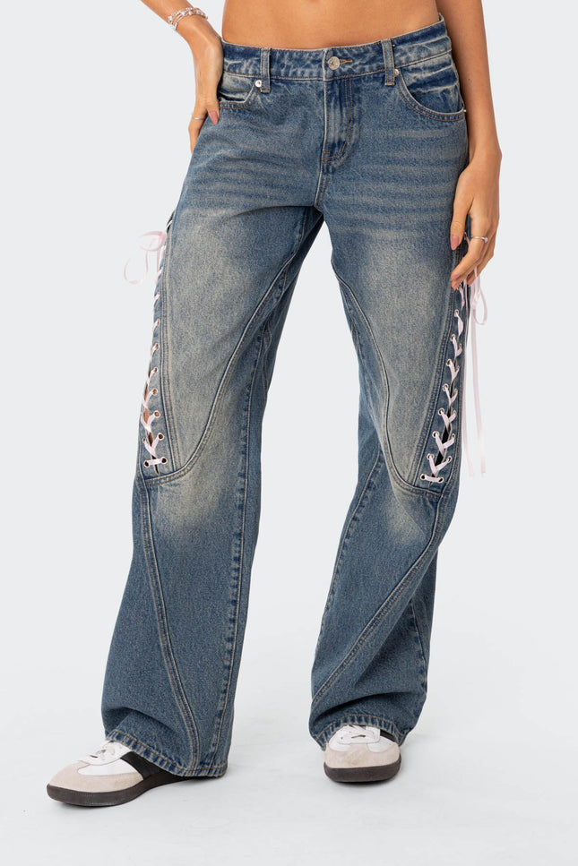 Ribbon Lace Up Low Rise Baggy Jeans - Blue