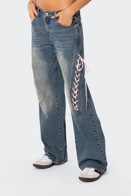 Ribbon Lace Up Low Rise Baggy Jeans - Blue