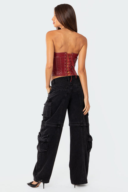 Moss Faux Leather Lace Up Corset - Burgundy