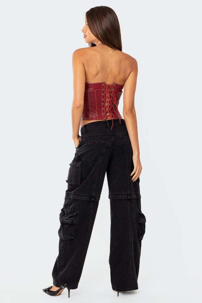 Moss Faux Leather Lace Up Corset - Burgundy