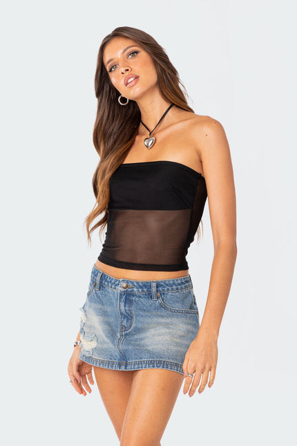 Celestia Sheer Mesh Tube Top - Black
