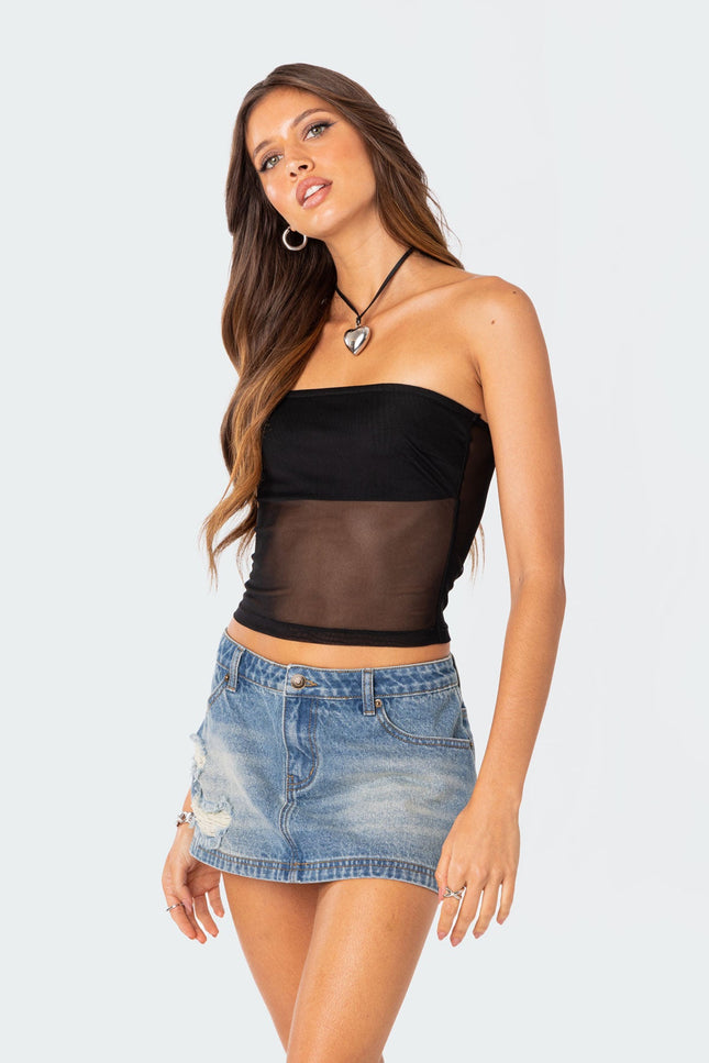 Celestia Sheer Mesh Tube Top - Black