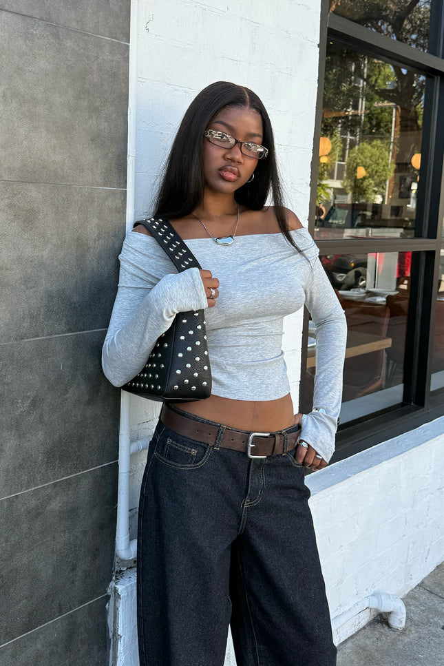 Milane Ruched Off Shoulder Ribbed Top - Gray Melange