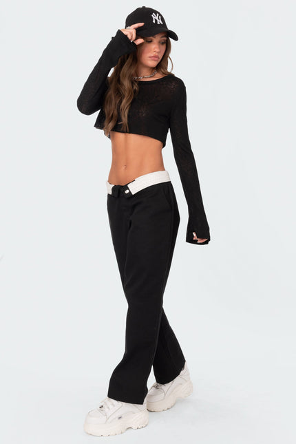 Sheer Raw Hem Crop Top - Black