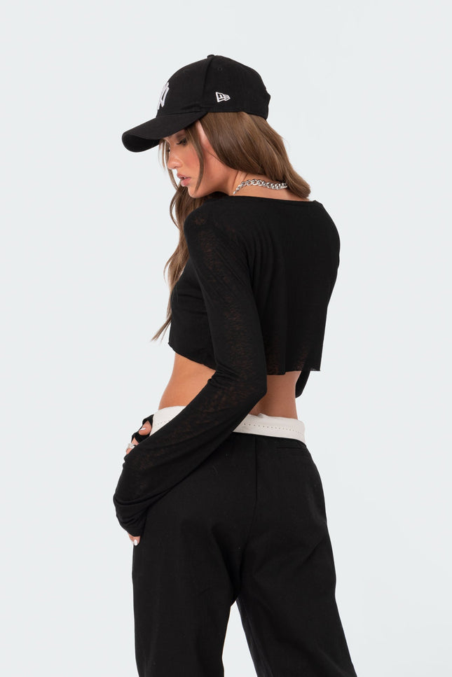 Sheer Raw Hem Crop Top - Black