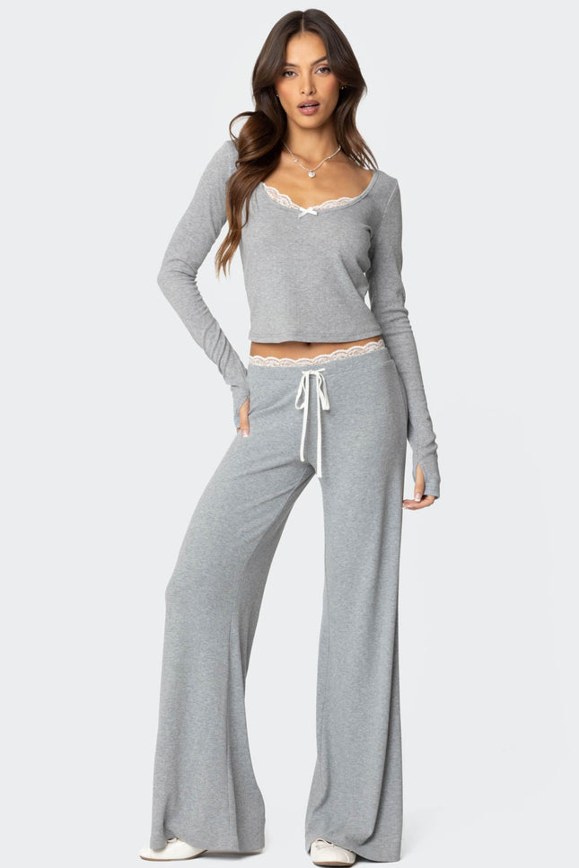 Peekaboo Lace Long Sleeve Top - Gray Melange
