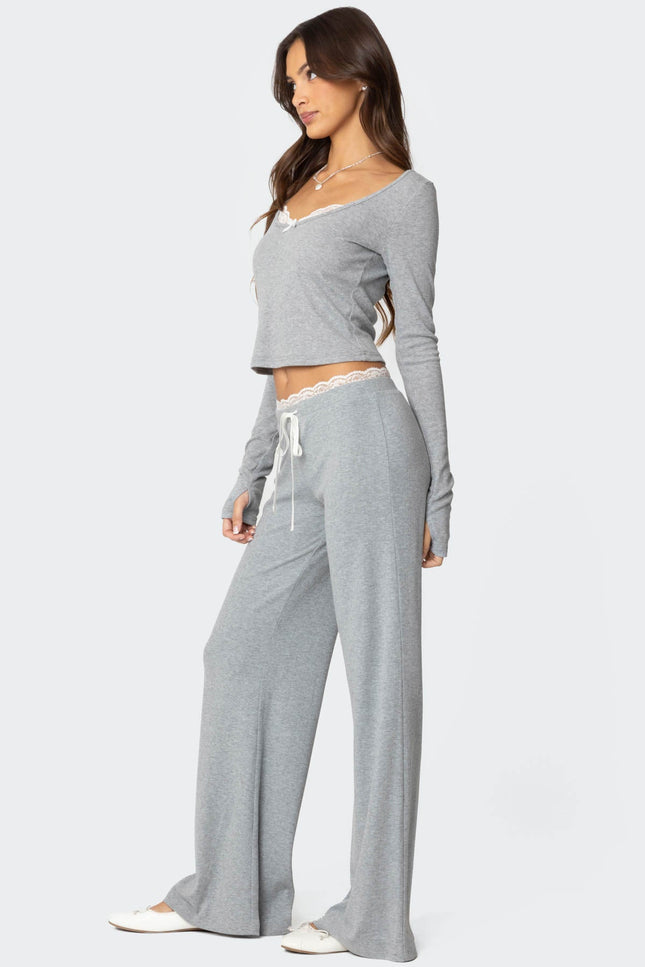 Peekaboo Lace Long Sleeve Top - Gray Melange