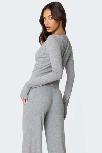 Peekaboo Lace Long Sleeve Top - Gray Melange