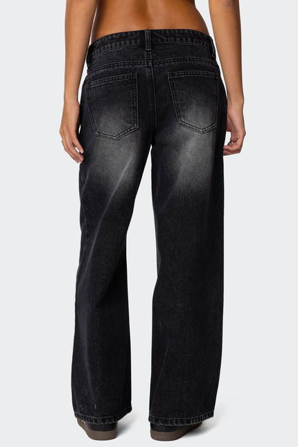 Petite Magda Acid Wash Low Rise Baggy Jeans - Black Washed