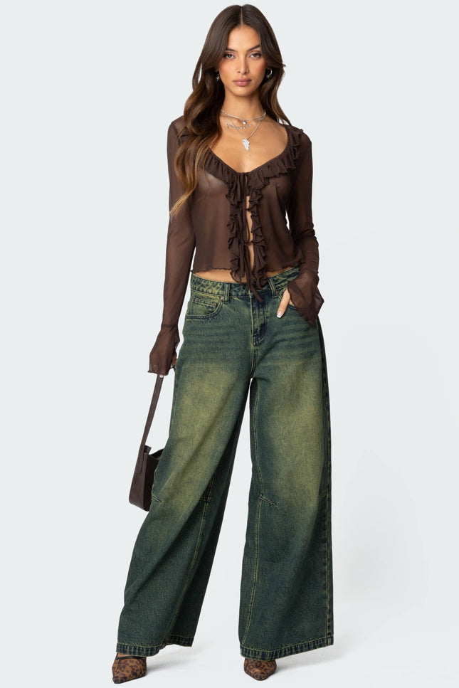 Sheer Mesh Ruffled Top - Brown
