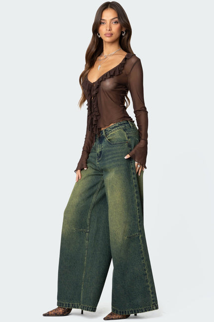 Sheer Mesh Ruffled Top - Brown