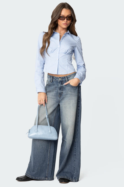 Tailored Pinstripe Button Up Shirt - Light Blue