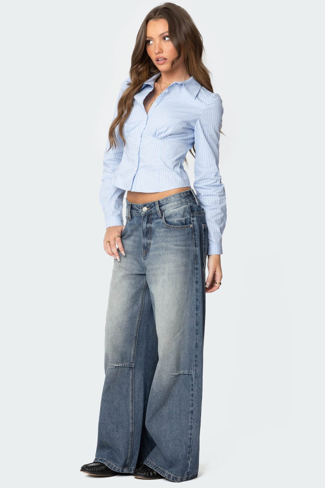 Tailored Pinstripe Button Up Shirt - Light Blue