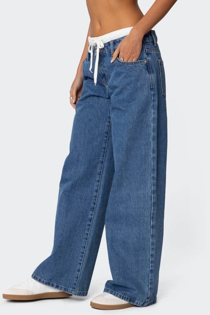 Boxer Detail Low Rise Baggy Jeans - Blue