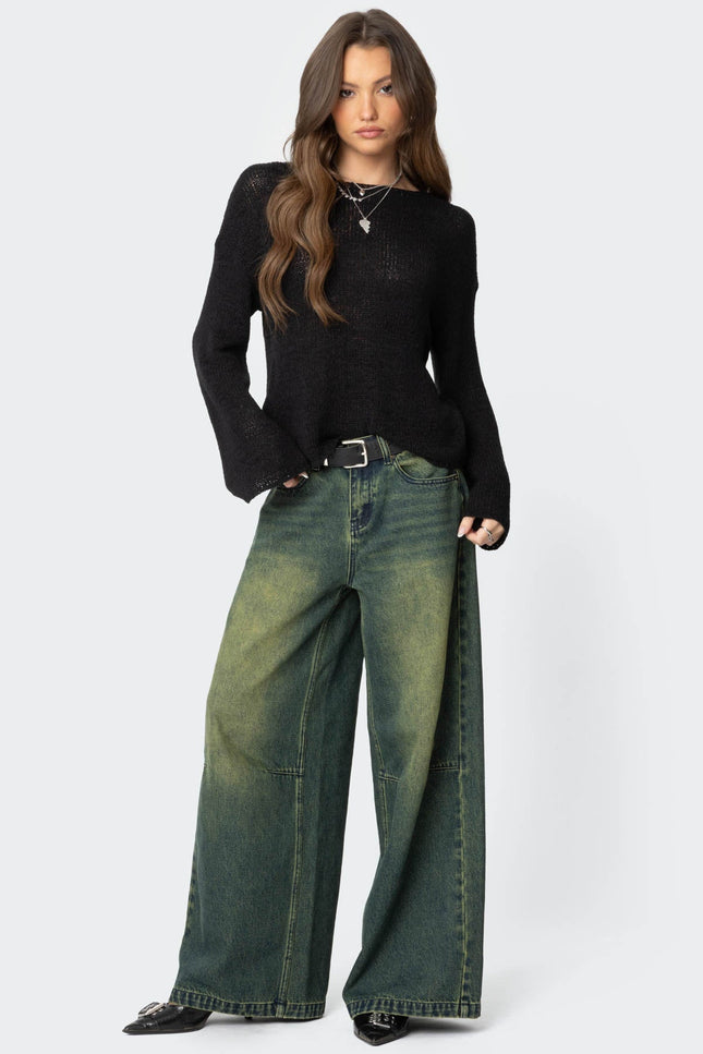 Drop Shoulder Light Knit Sweater - Black