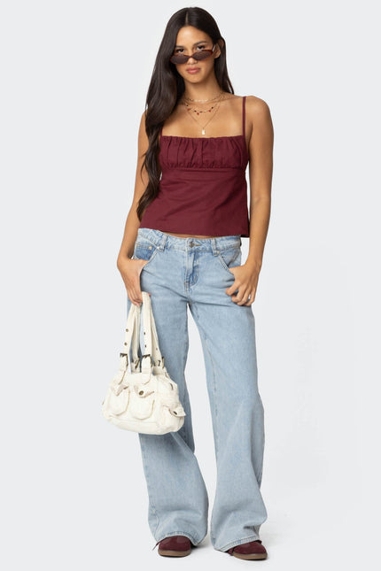 Linen Look Open Back Top - Burgundy