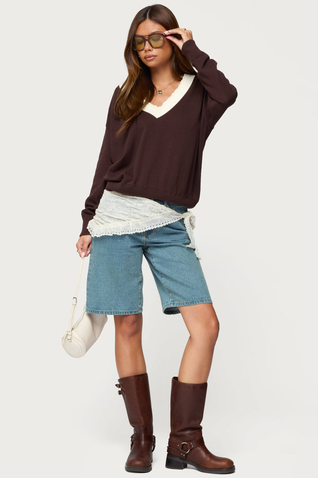 Marie Contrast Lacey V Neck Sweater - Brown