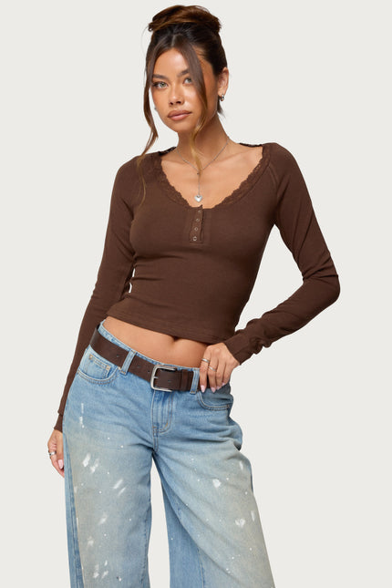 Shanah Lacey Henley Top - Brown