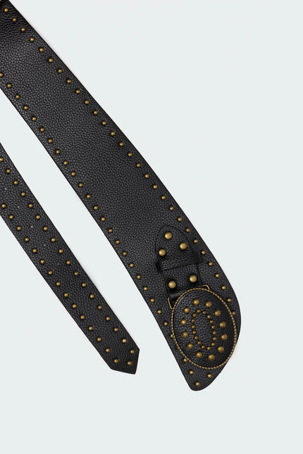 Studded Faux Leather Western Belt - Black