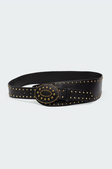 Studded Faux Leather Western Belt - Black