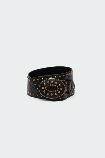 Studded Faux Leather Western Belt - Black