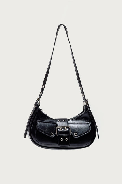 Washed Faux Leather Buckle Bag - Black