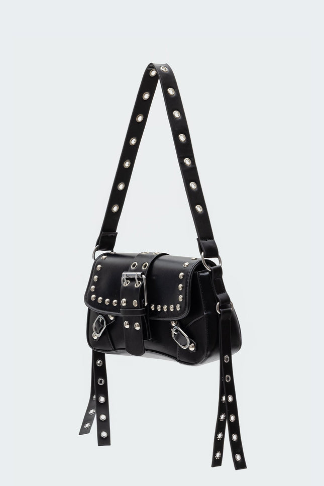 Stud & Buckle Faux Leather Bag - Black