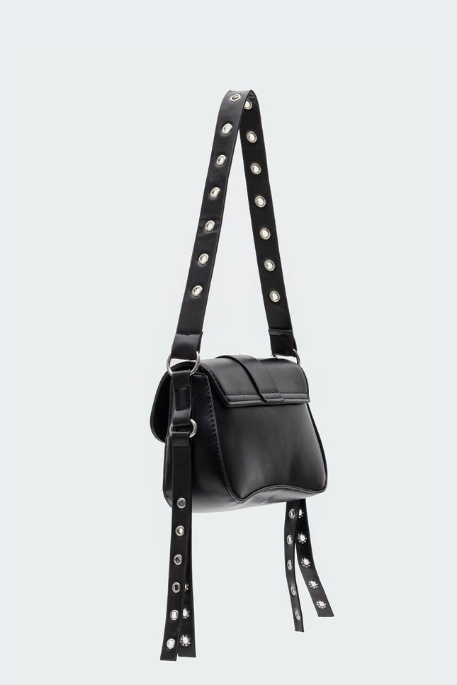 Stud & Buckle Faux Leather Bag - Black