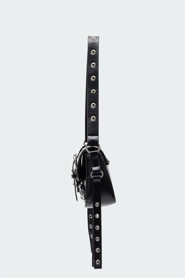 Stud & Buckle Faux Leather Bag - Black