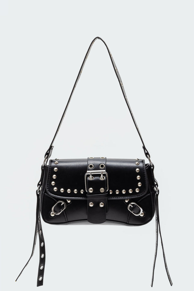 Stud & Buckle Faux Leather Bag - Black