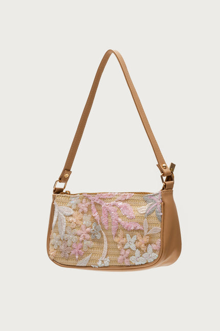 Sequin & Embroidered Straw Bag - Tan