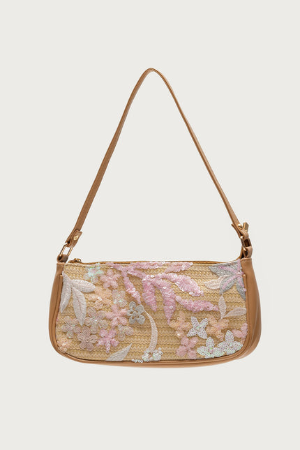 Sequin & Embroidered Straw Bag - Tan