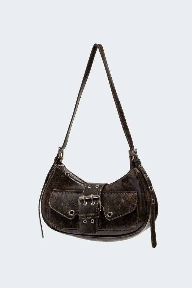 Washed Faux Leather Buckle Bag - Brown